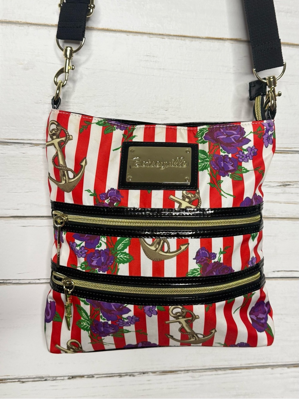 Betseyville Crossbody Bag Red White Stripe Floral Anchor Print
